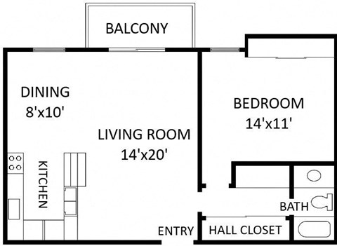 Floor plan for 1 bed, 1 bath, 740 sqft